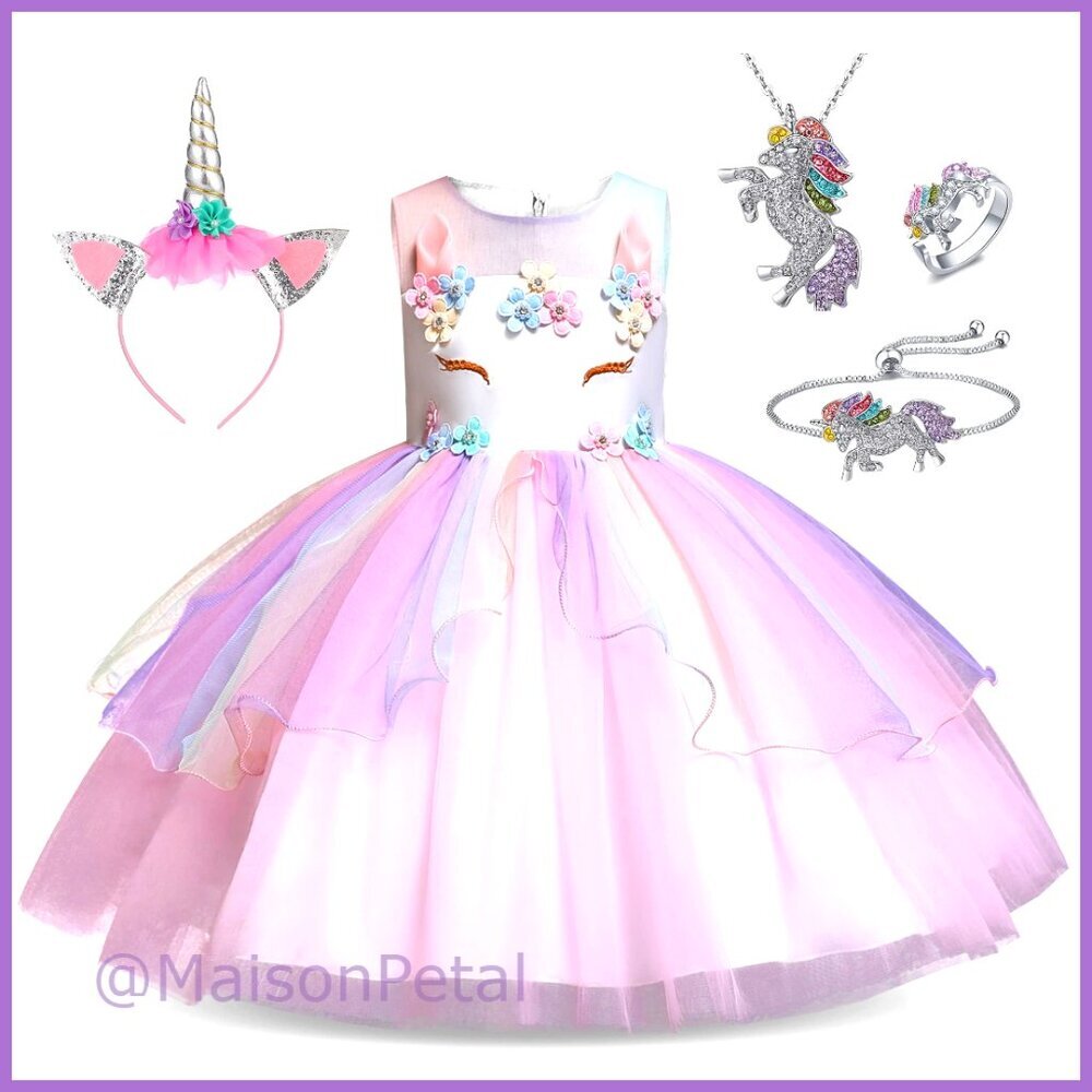 Unicorn Princess Dress Up Costume with Satin Dress, Jewelry, Headband